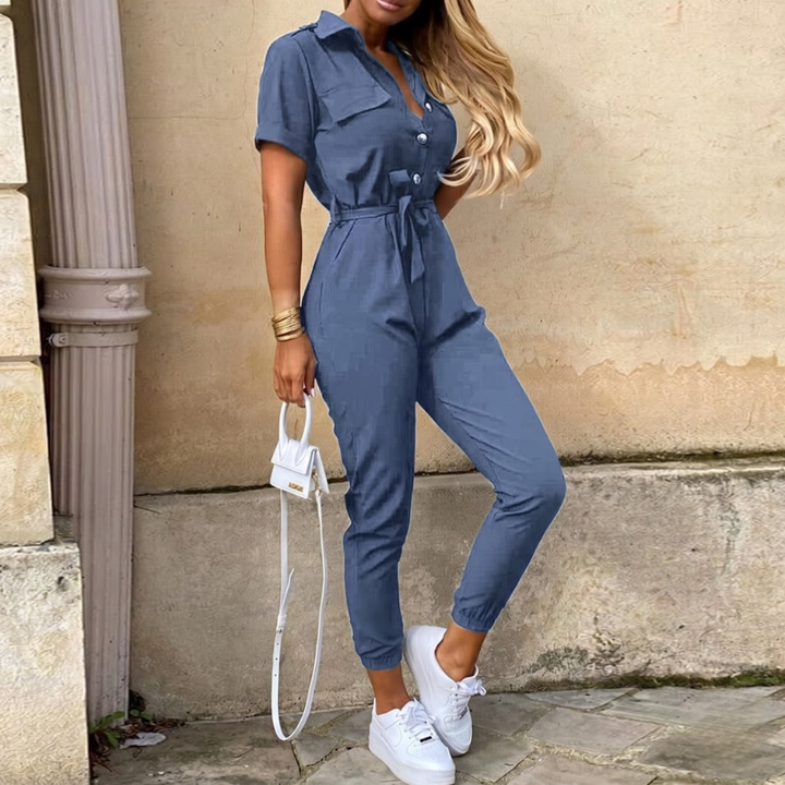 Effortless women's summer jumpsuit, short sleeve design with a chic button-up front for versatility.