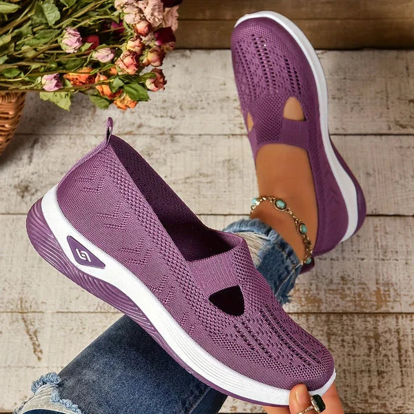 Ladies comfort footwear: slip-on sneakers. Lightweight, flexible, and breathable with a unique cut-out design.