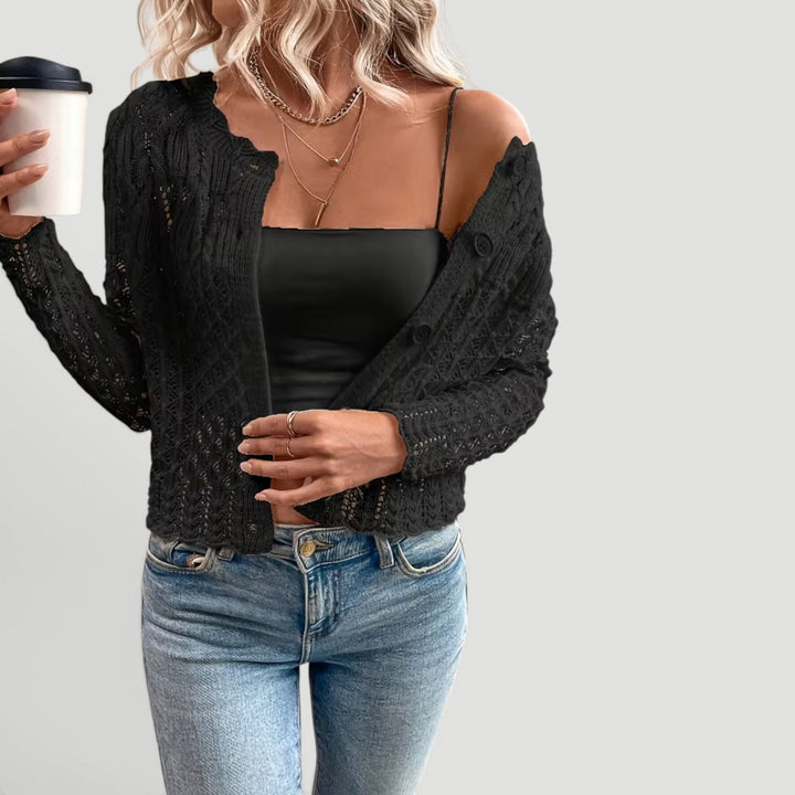 Elegant women's open texture cardigan, lightweight, sky blue, perfect for beach or evening wear.