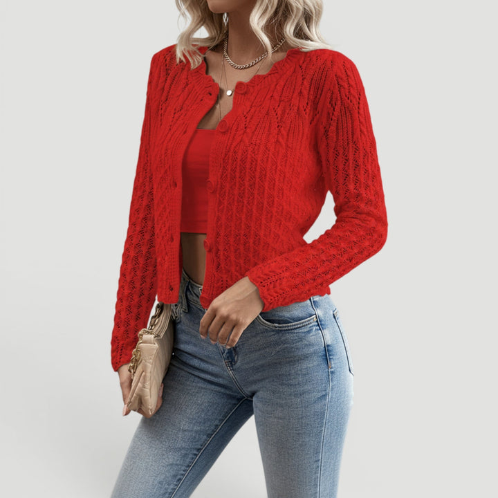 Lightweight women's summer cardigan, button front, cream, offering elegant comfort and style.