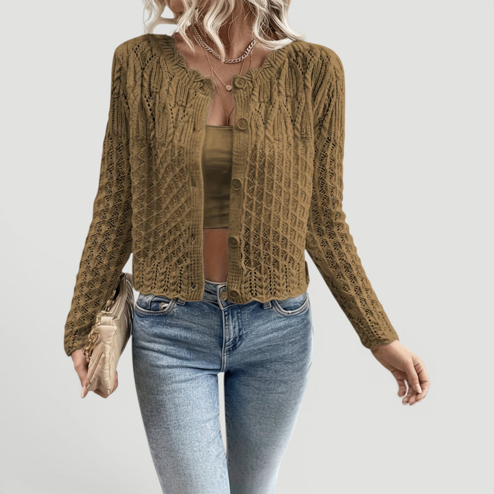 Women's elegant summer cardigan, delicate open texture, light gray, perfect for stylish layering.