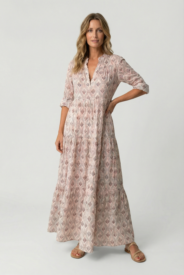 Women's lightweight summer maxi dress with V-neck and vintage floral print