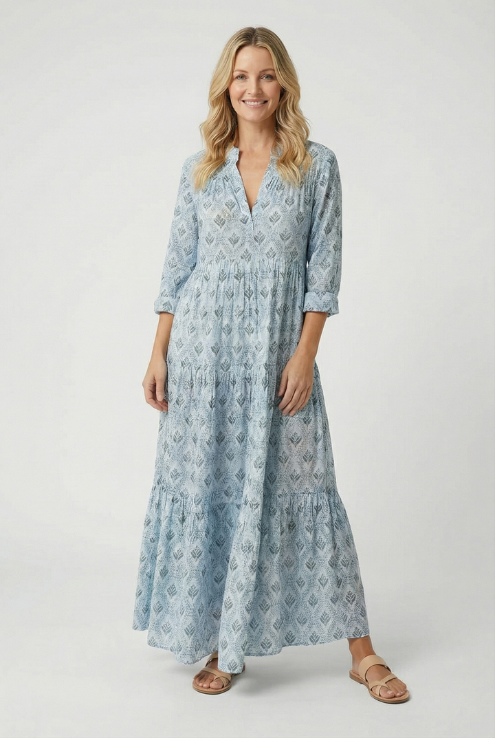 Casual beach maxi dress for women, showcasing a unique vintage print and V-neck