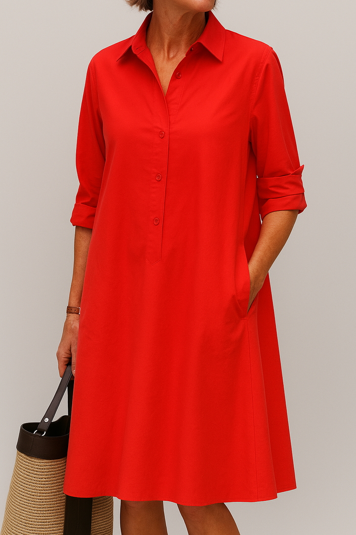 Chic women's short-sleeve midi shirt dress, perfect for casual summer days.