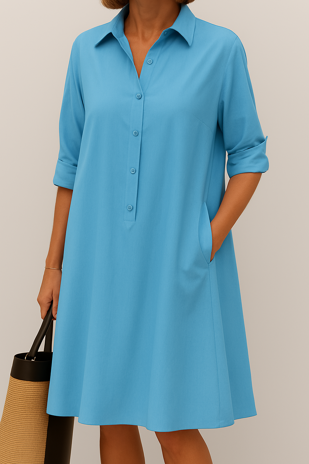 Fashionable women's solid color midi shirt dress, easy to dress up or down for summer.