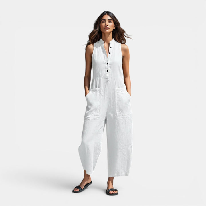 Elegant women's sleeveless playsuit with wide legs, a fashionable and lightweight summer one-piece outfit.