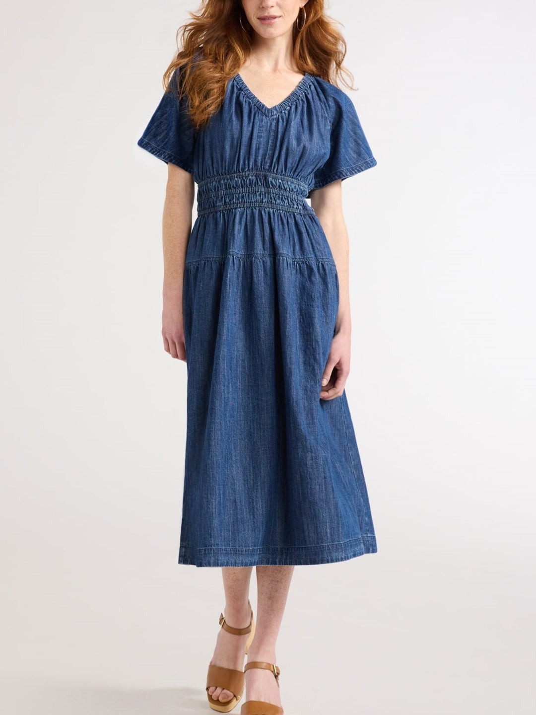 Women's lightweight tiered midi dress with V-neck, elastic waist, and pockets. Perfect casual summer spring fashion.