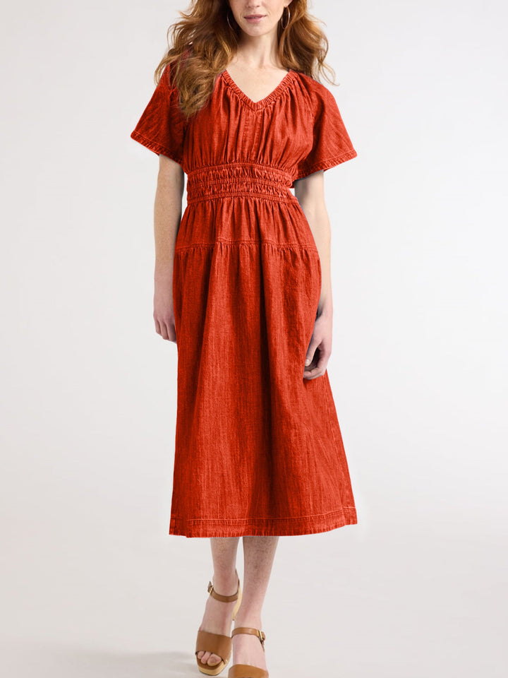 Women's summer tiered midi dress with V-neck, elastic waist, and functional pockets. Stylish, easy, flowy outfit.
