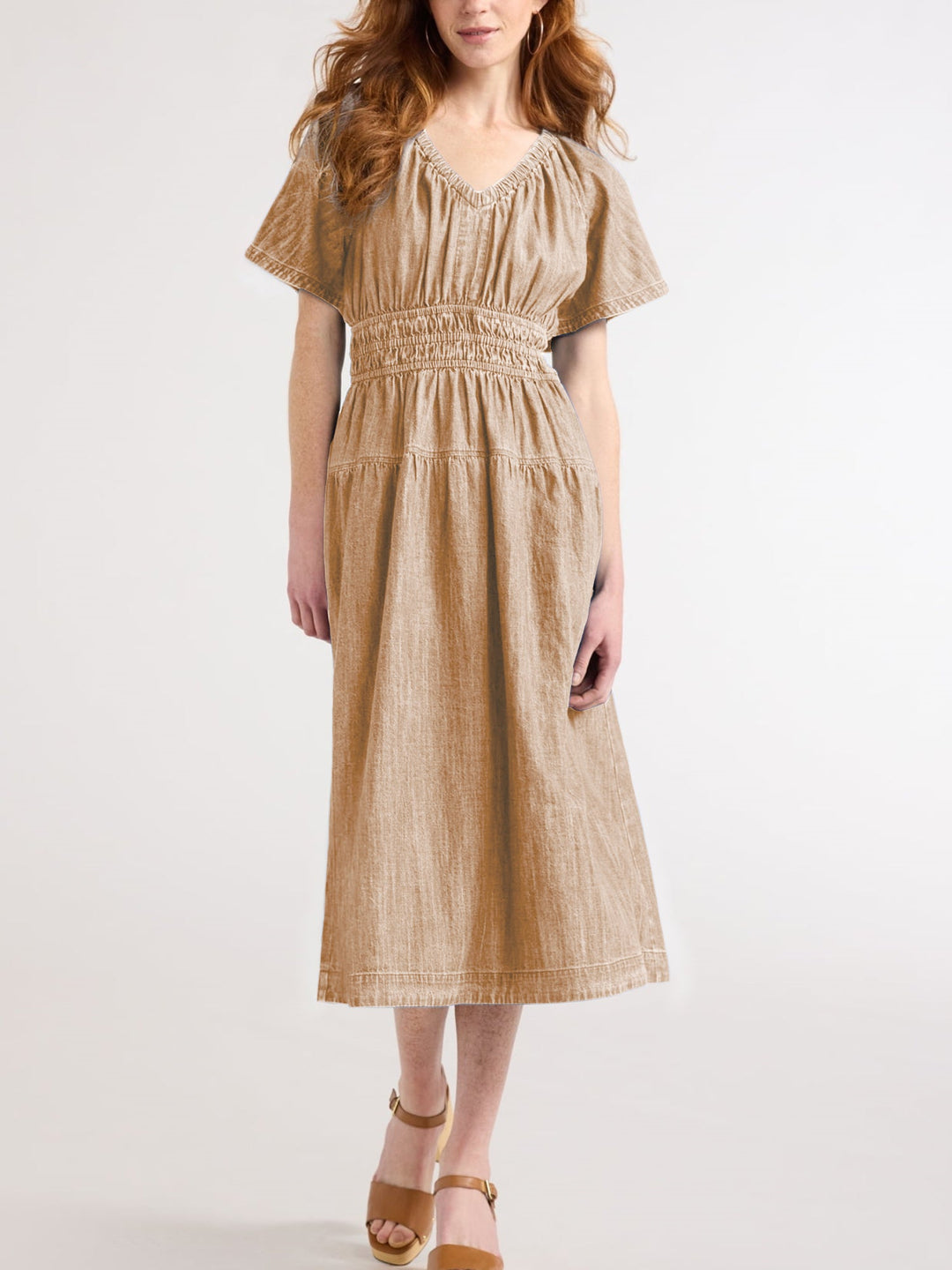 Women's lightweight, flowy tiered midi dress with pockets. Elastic waist ensures a comfortable, chic spring summer fit.