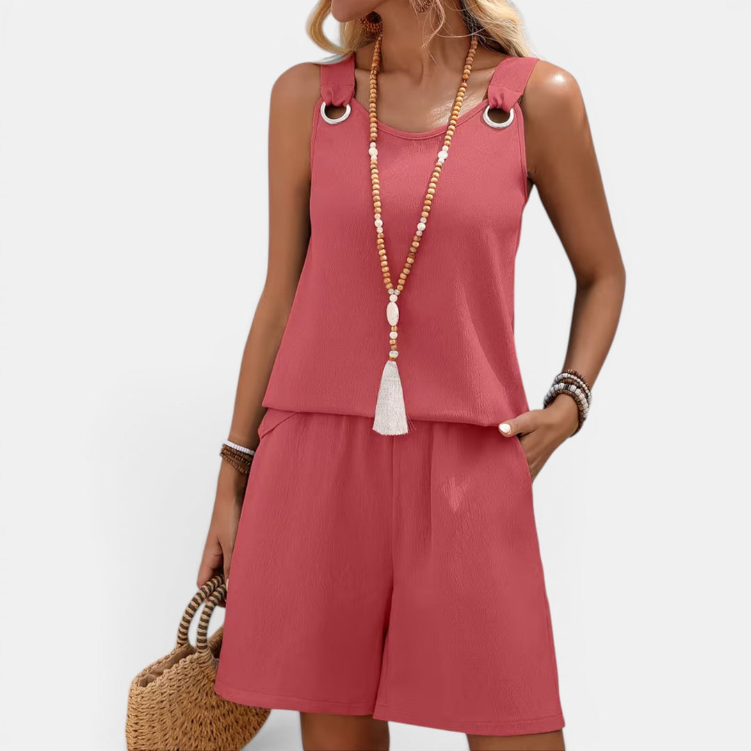 Sleeveless top & shorts set for women, ideal for beach, resort wear, or casual summer.