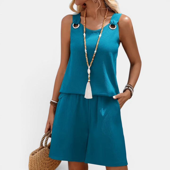 Vacation wear women's two-piece set, sleeveless top & shorts, great for warm weather.
