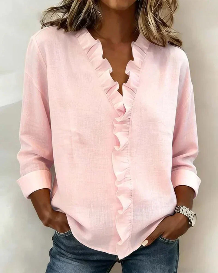 Women's lightweight V-neck blouse with elegant ruffles and long sleeves.