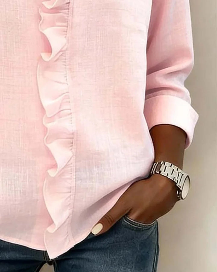 Lightweight women's V-neck top with ruffles, ideal for versatile fashion and casual elegance.