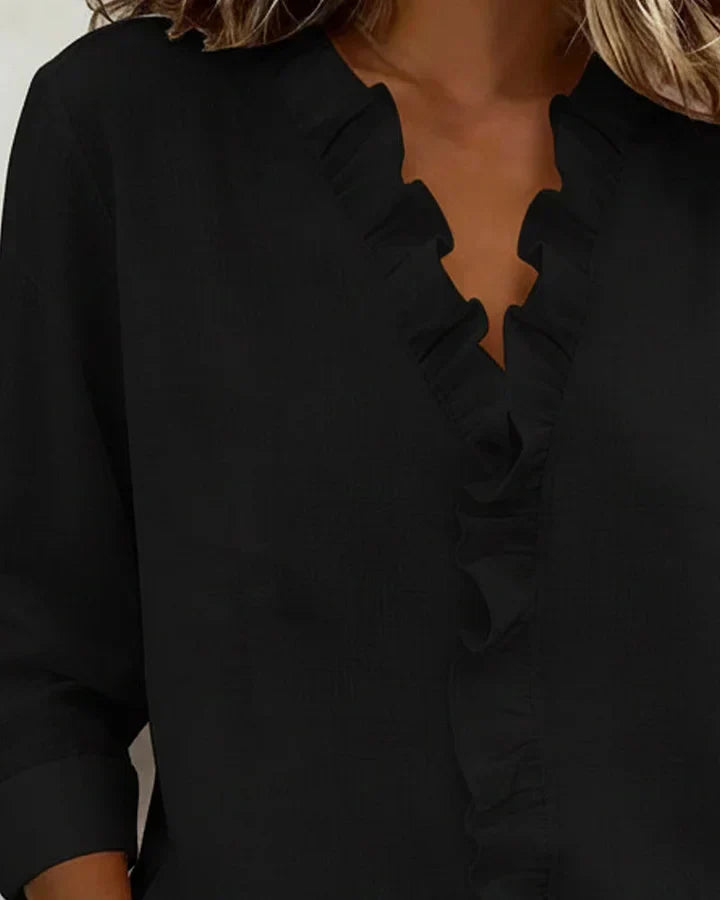 Everyday wear women's V-neck blouse, lightweight with chic ruffled details and relaxed fit.