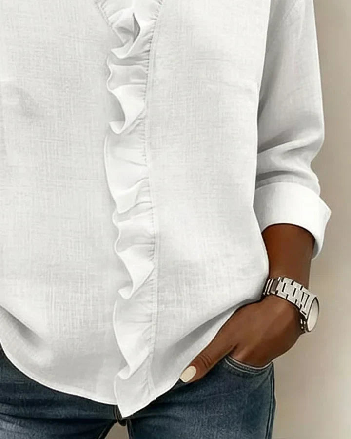 Stylish women's V-neck long sleeve blouse, featuring elegant ruffle detailing and feminine look.