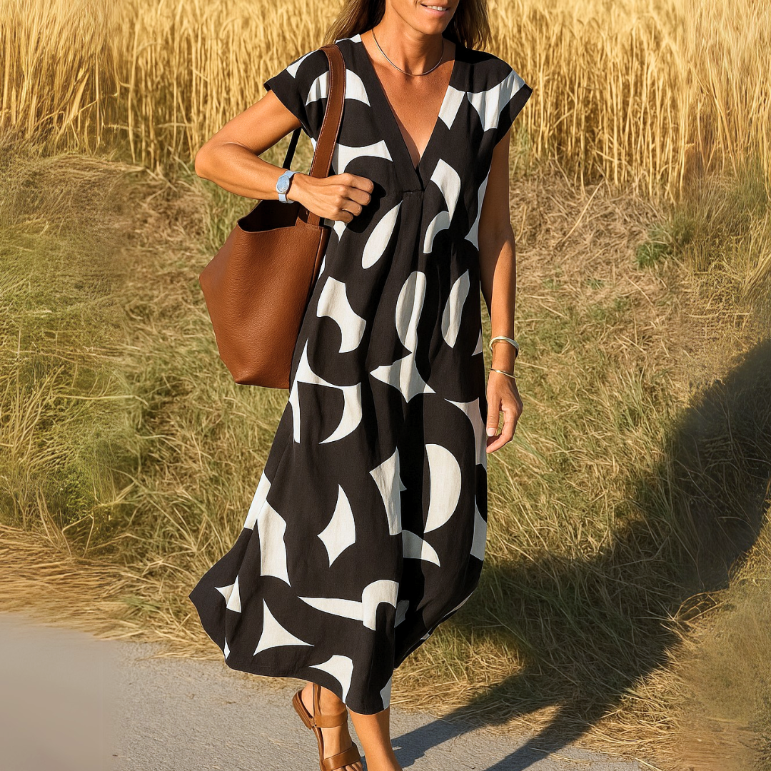 Elegant women's V-neck summer dress; a lightweight casual outfit ideal for holidays or everyday comfortable wear.