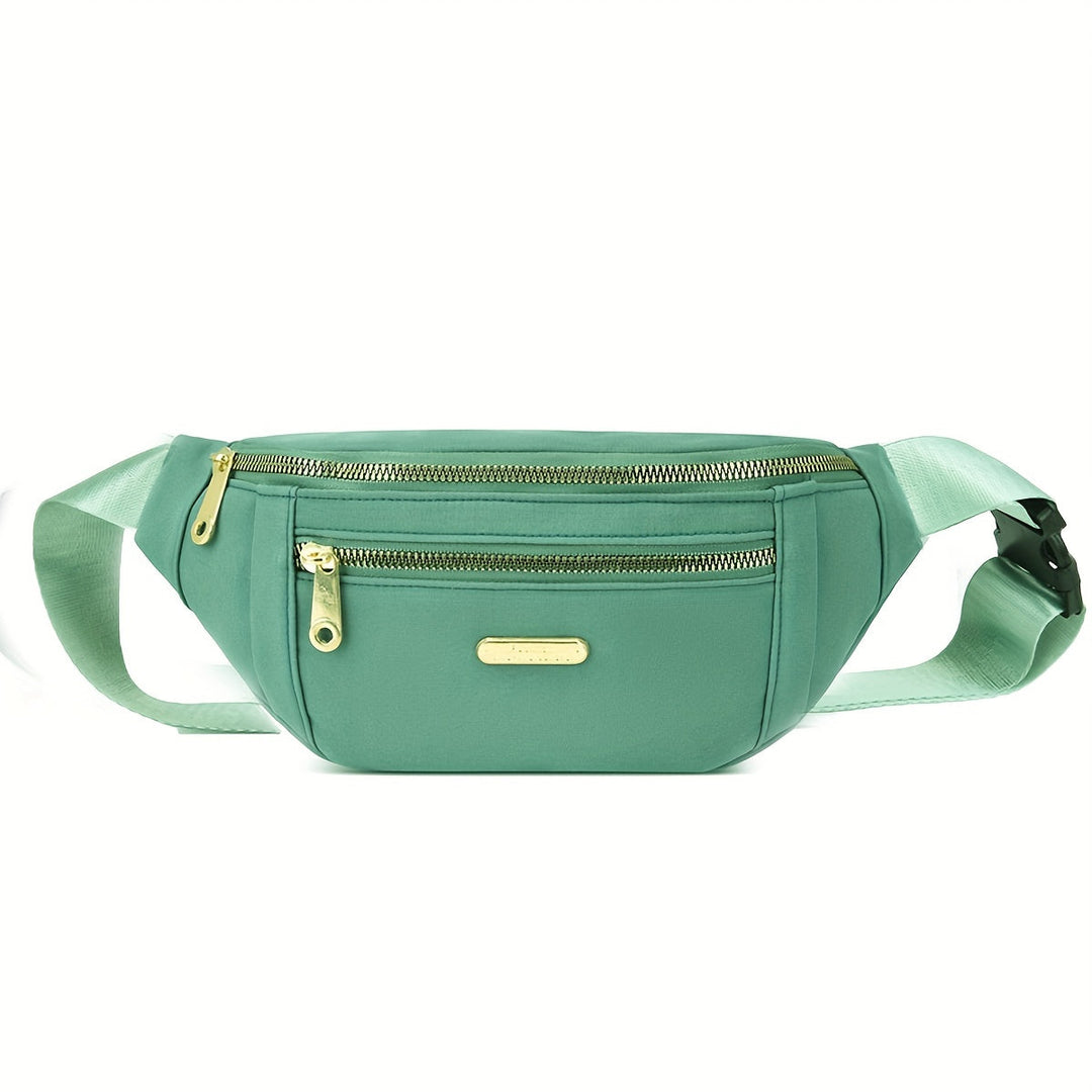 Organized women's lightweight waist bag, multi-zip compartments keep essentials tidy.