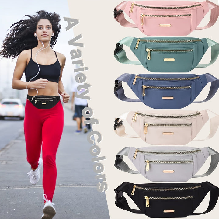Comfortable women's travel accessory, a lightweight waist bag with secure multi-zip storage.