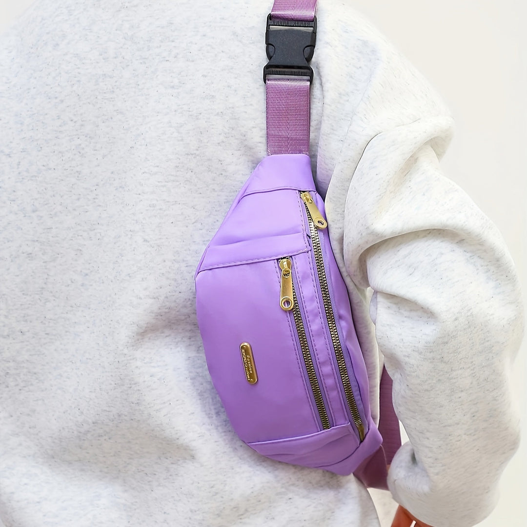Secure women's multi-pocket waist bag, durable nylon material for active travel.