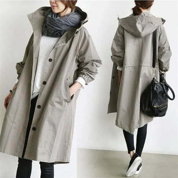 Detail of waterproof fabric on a women's lightweight rain cape, showing quality weather protection.