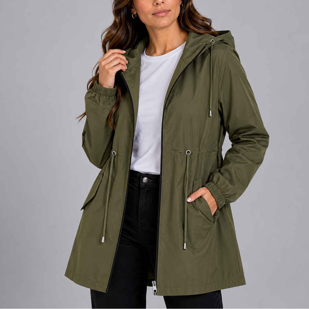 Lightweight women's waterproof rain jacket with hood, ideal for spring & travel.