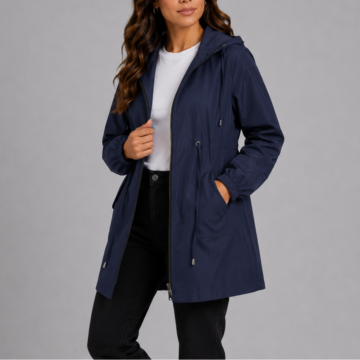 Casual women's hooded raincoat, waterproof & lightweight, suitable for daily wear.
