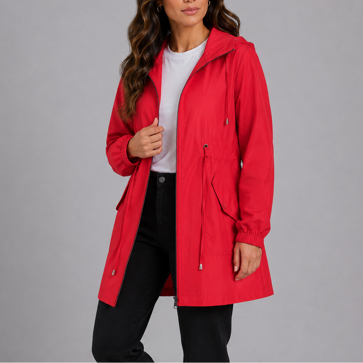 All-weather women's waterproof coat with hood, offering stylish rain protection.