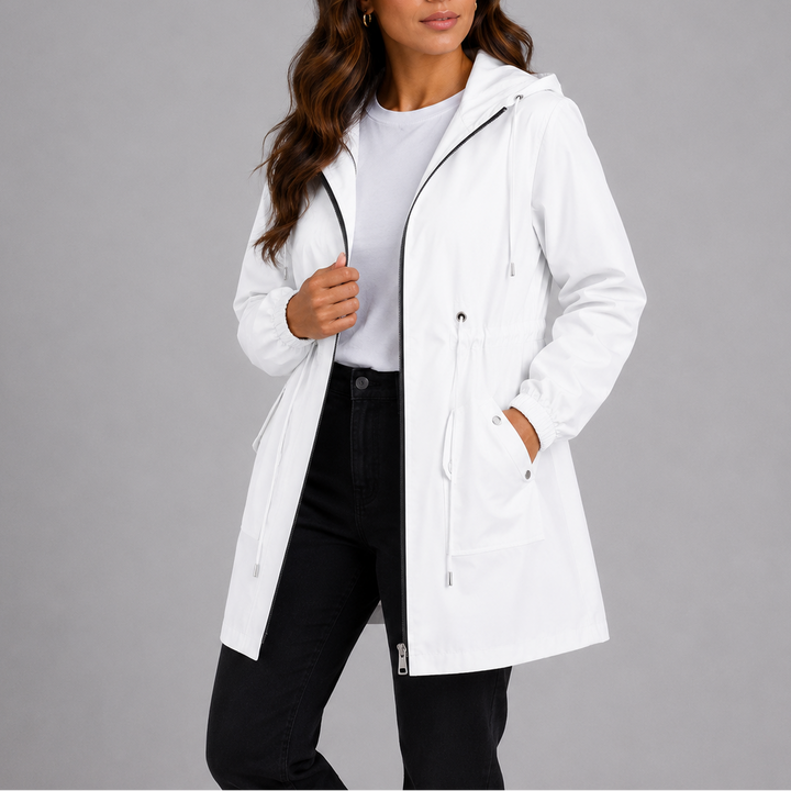 Travel-friendly women's lightweight waterproof jacket with hood for spring rain.