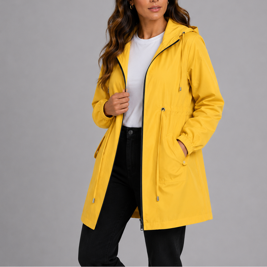Modern women's lightweight hooded raincoat, waterproof & perfect for any season.