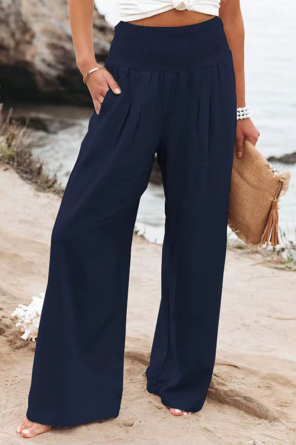 Front view of women's lightweight linen pants, highlighting the relaxed fit.