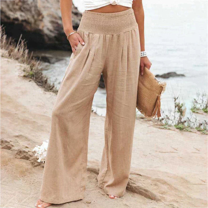 Soft texture detail of luxe loungewear linen trousers for women.