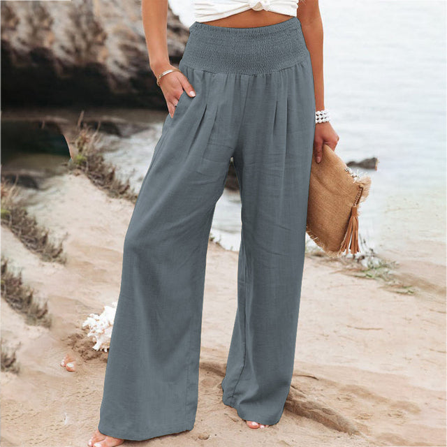 Comfortable and chic women's linen trousers with a flattering wide leg cut.