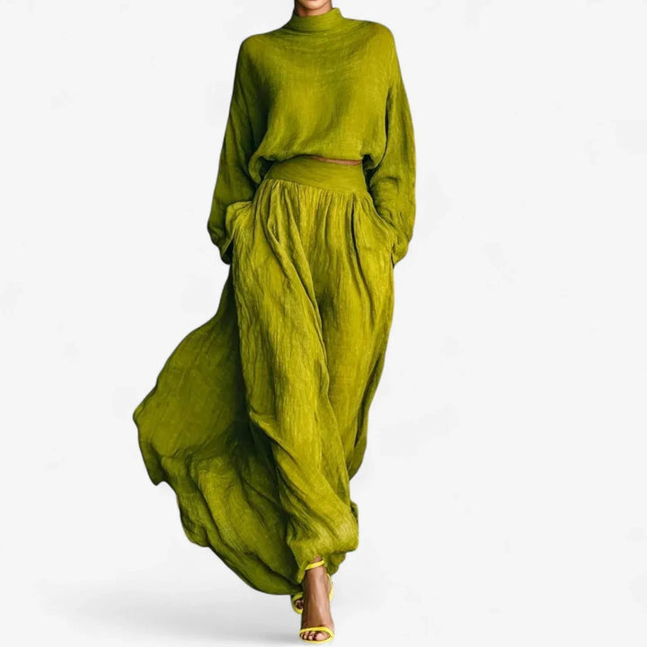 Women's lime green textured two-piece set featuring a mock-neck top and elegant maxi skirt for versatile fashion.