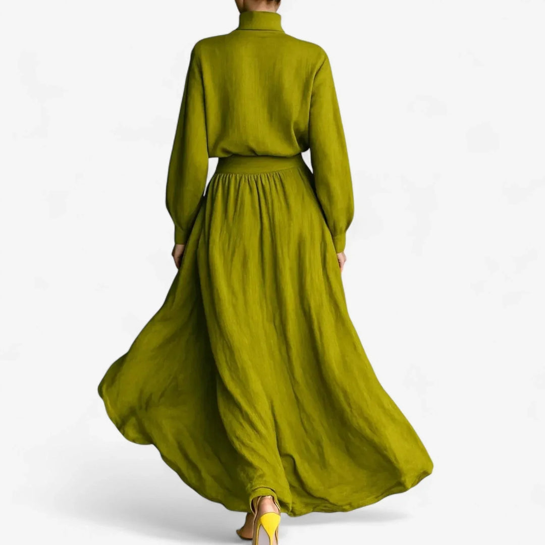 Elegant women's lime green textured two-piece skirt set with a chic mock-neck top and flowing maxi skirt.