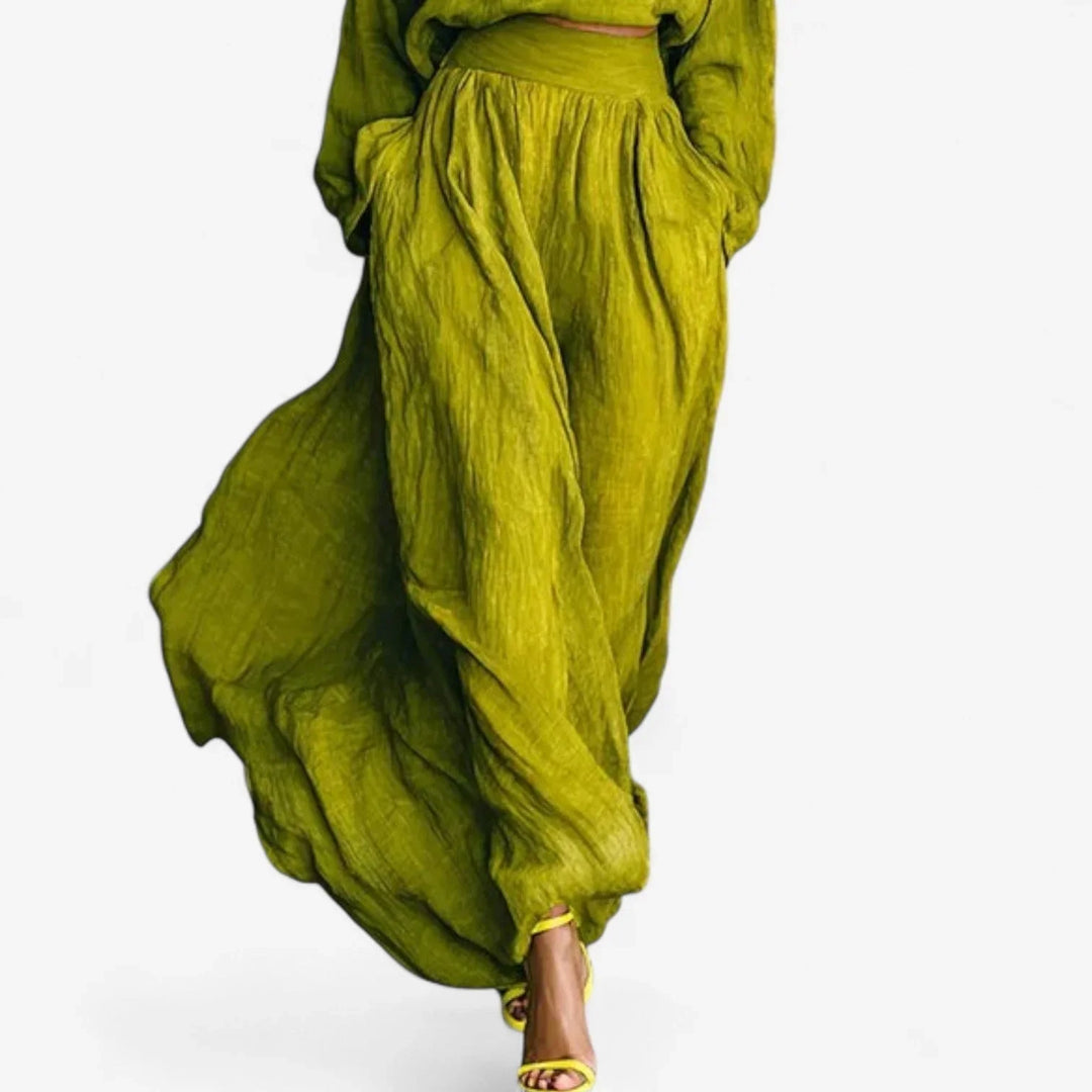 Versatile women's lime green textured mock-neck top and matching maxi skirt, a stylish two-piece set for women.