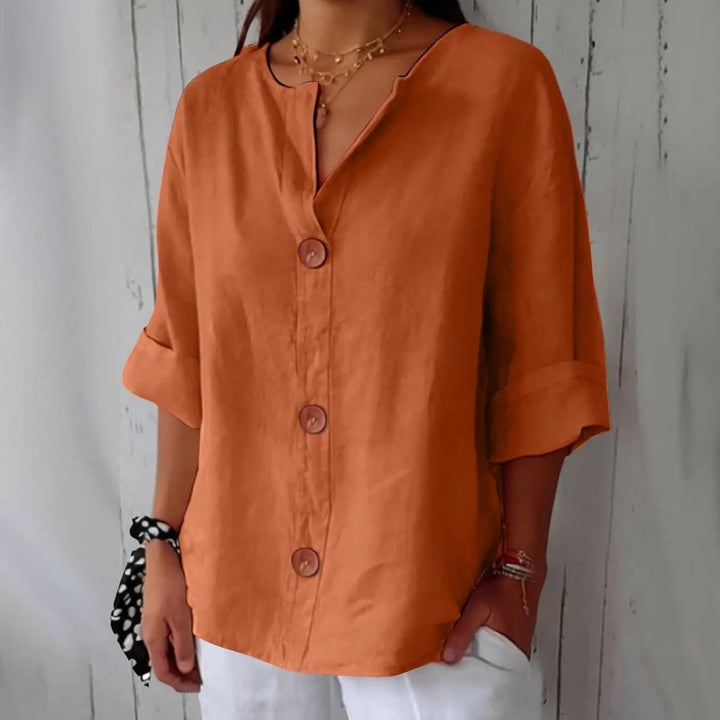 Women's Linen Button Front Blouse with Three Quarter Sleeves, perfect for casual summer wear.