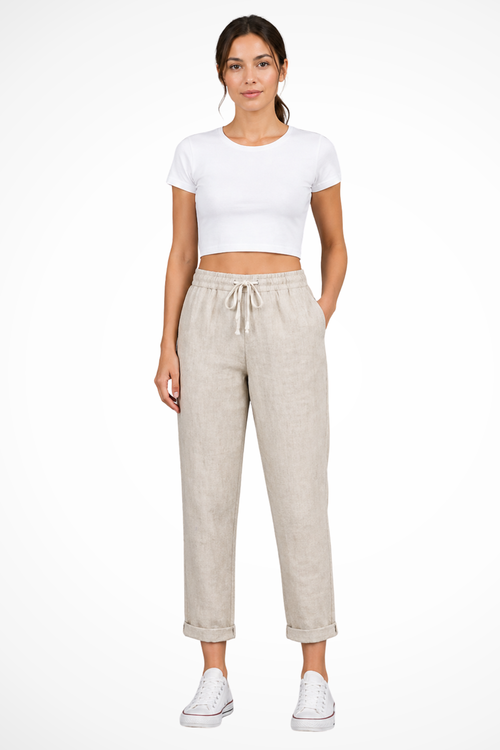 Women's linen cropped trousers with a comfortable drawstring waist, perfect for casual summer wear.