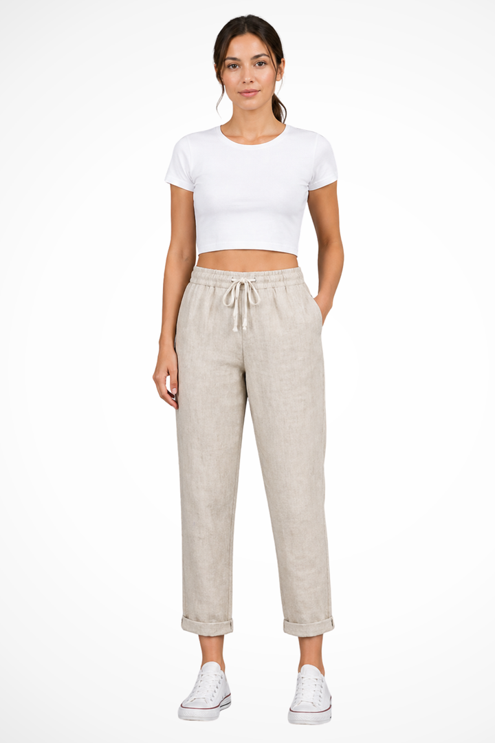 Women's linen cropped trousers with a comfortable drawstring waist, perfect for casual summer wear.