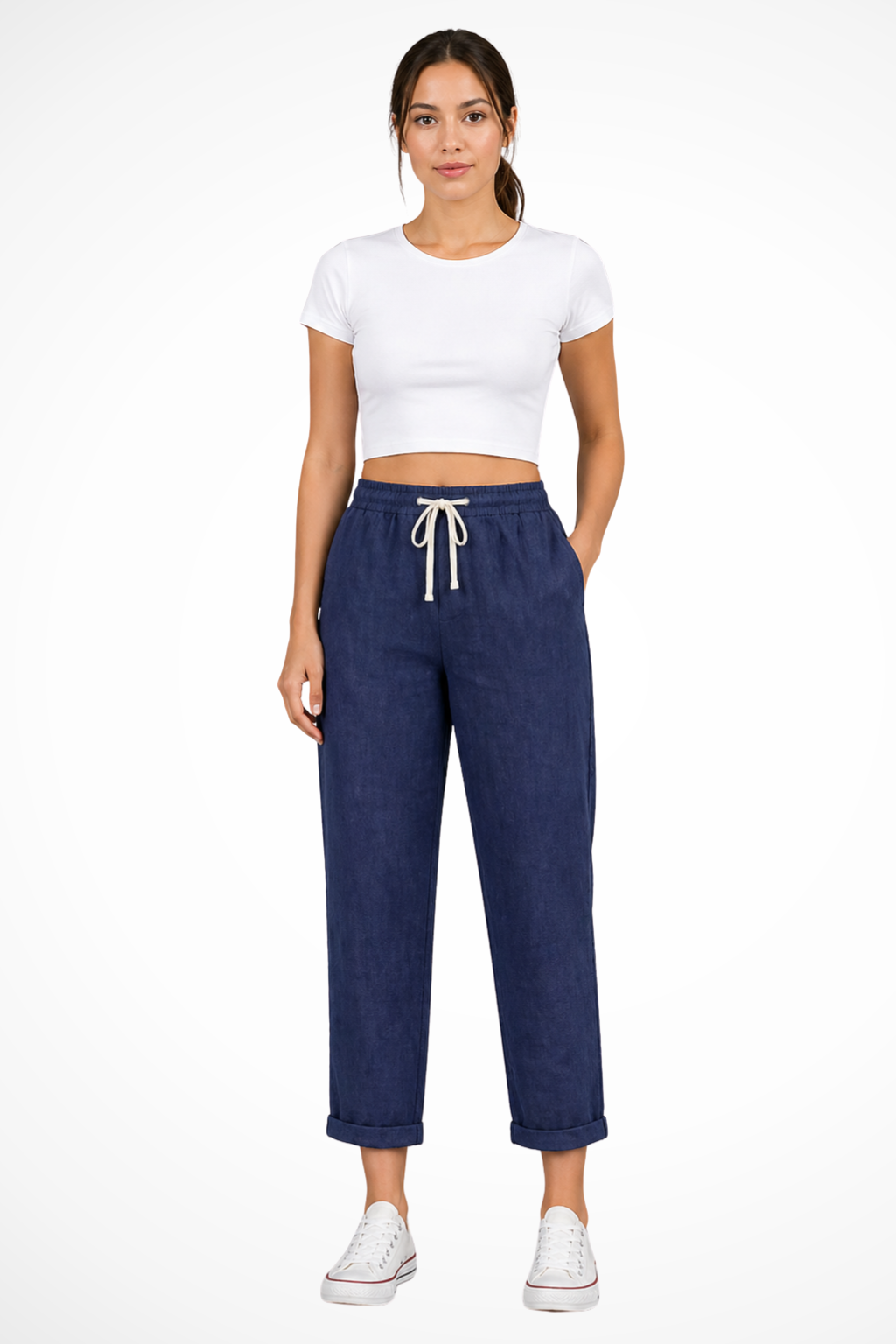 Chic women's cropped linen pants featuring a versatile drawstring waist, ideal for smart casual fashion.