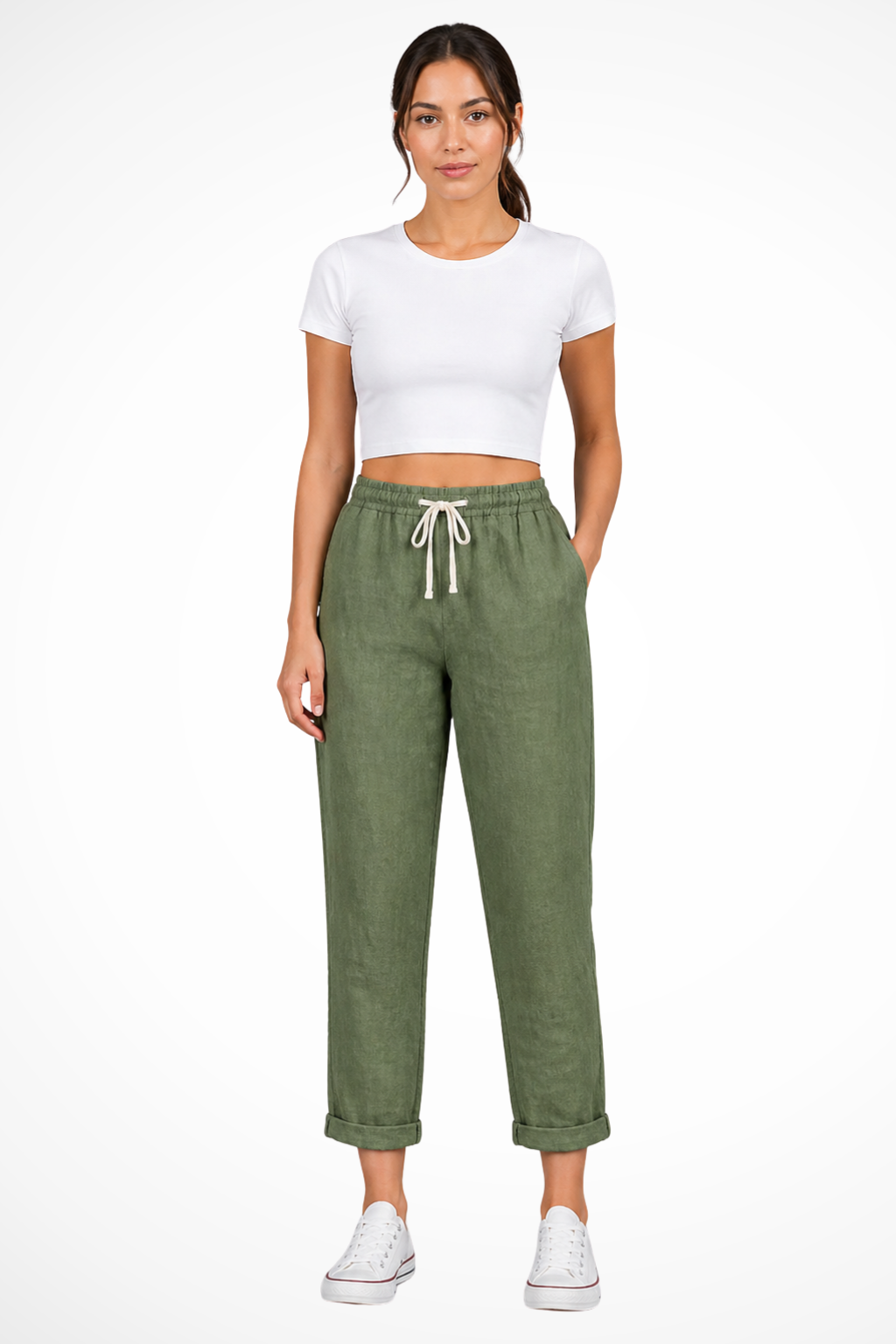 Back view of women's comfortable cropped linen trousers, highlighting the relaxed fit and chic design.