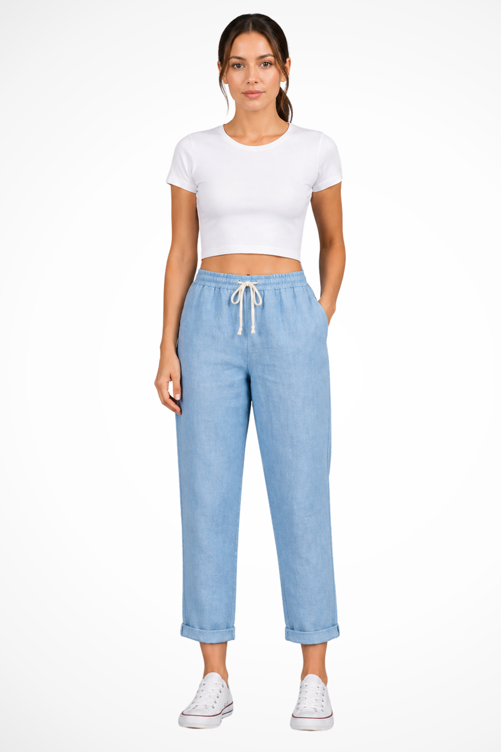 Fashionable women's cropped linen pants, featuring a comfy drawstring waist for effortless summer style.
