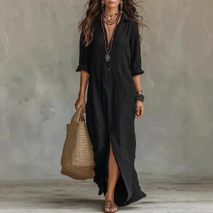 Close-up of women's relaxed fit linen maxi shirt dress with long sleeves and button-down front, ideal for summer.