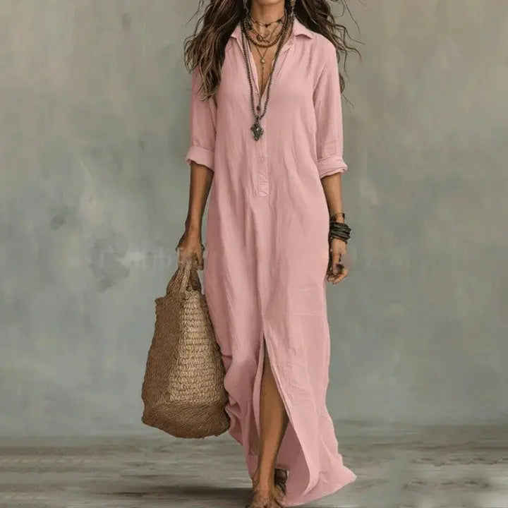 Back view of elegant women's linen long sleeve maxi shirt dress, showcasing its flowing silhouette for summer fashion.