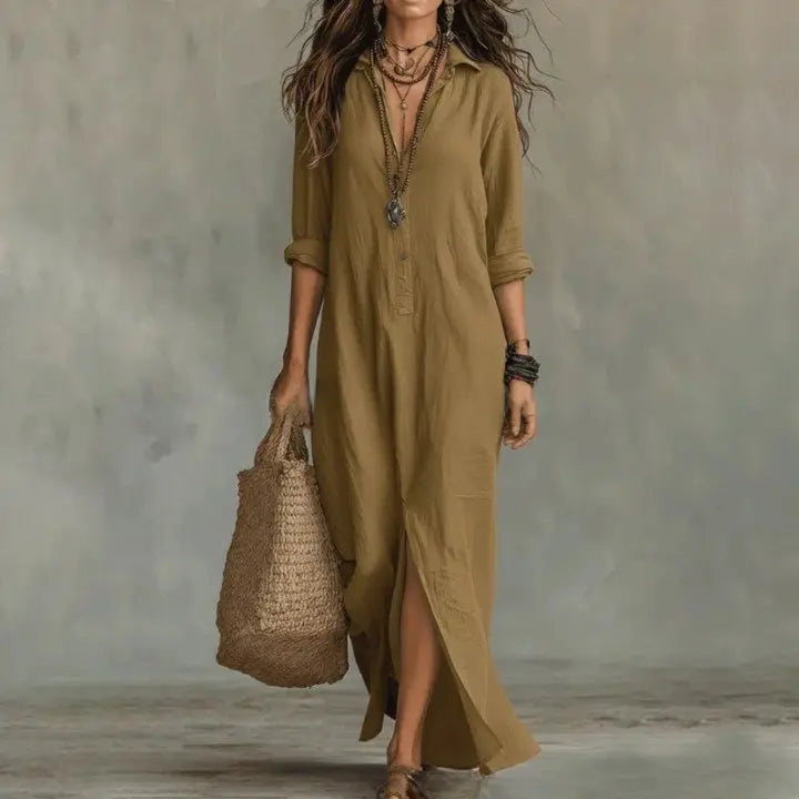 Chic women's button down long sleeve linen maxi shirt dress in a relaxed fit, a key piece for spring fashion.
