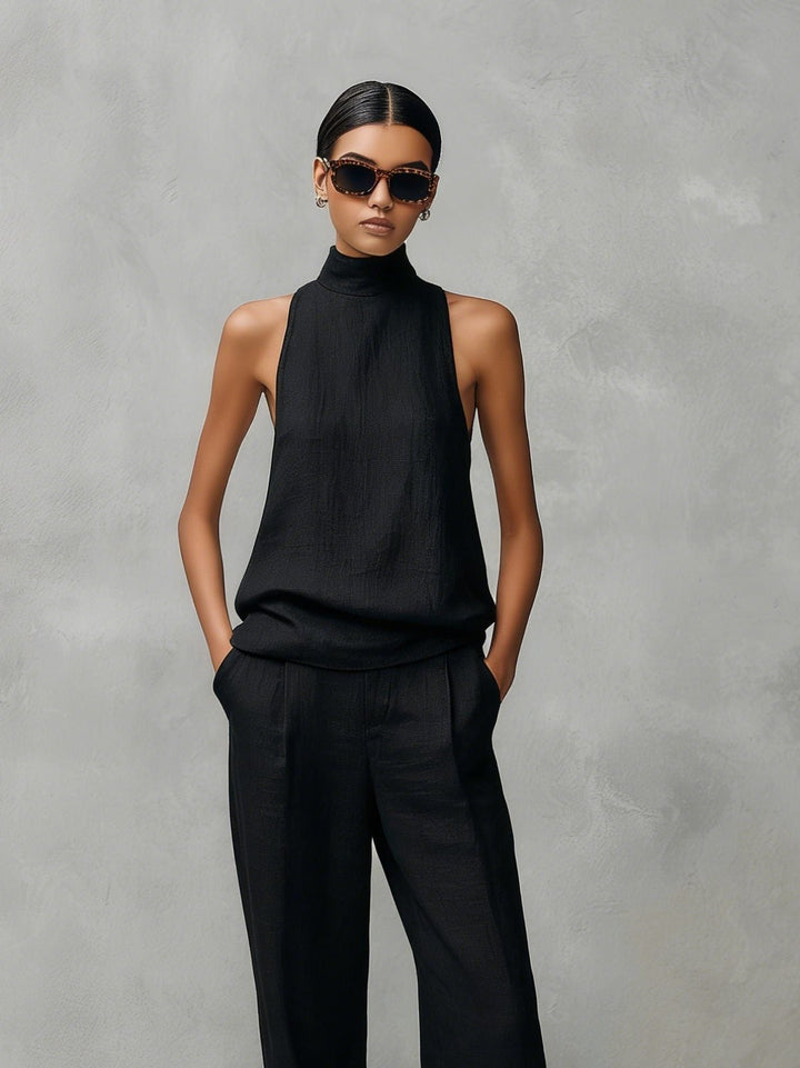 Versatile women's linen two-piece set: sleeveless roll neck top & straight leg trousers. Summer fashion.