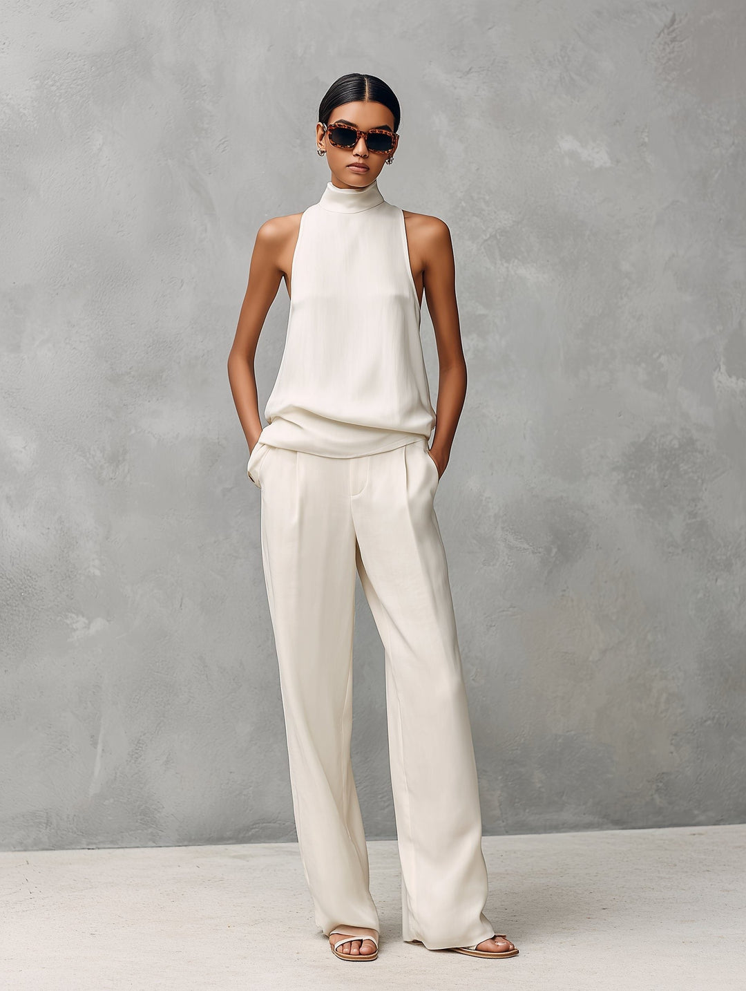 Summer fashion women's linen set. Sleeveless roll neck top & straight leg trousers for a chic outfit.