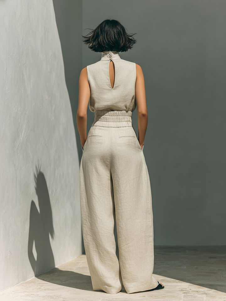 Casual women's linen sleeveless roll neck top & wide-leg pant set, ideal for summer outfits.