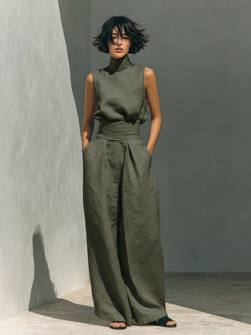 Stylish women's linen set: sleeveless roll neck top and breathable wide-leg pants. Summer casual.