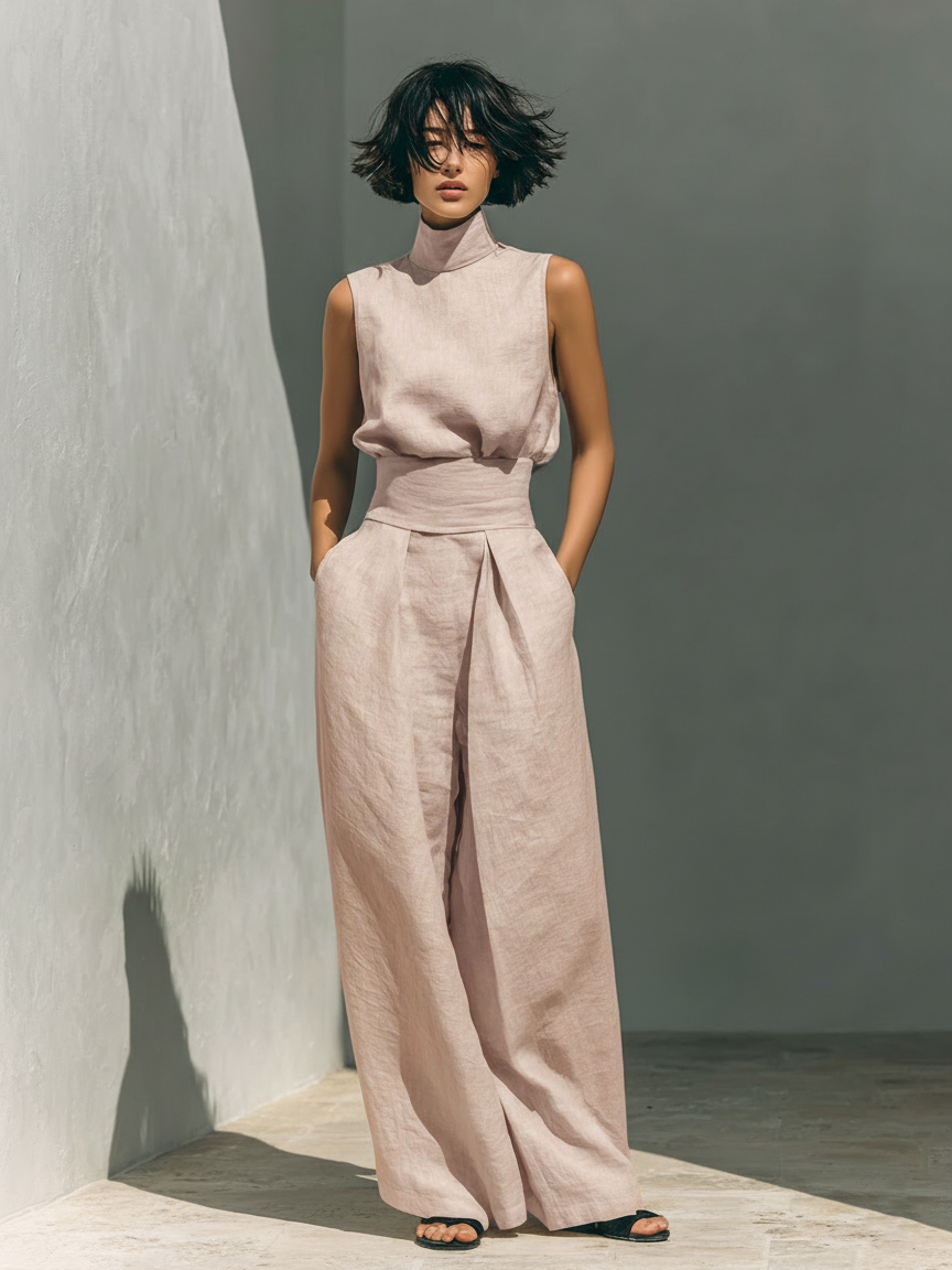 Comfortable women's linen set, featuring a sleeveless roll-neck top and chic wide-leg pants.