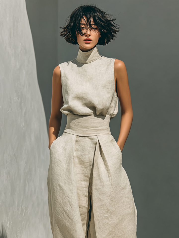 Breathable women's linen sleeveless roll neck top & wide-leg pant set for warm weather.